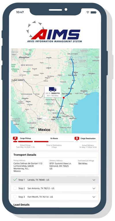 AIMS Platform showing transborder trucking shipping visibility 