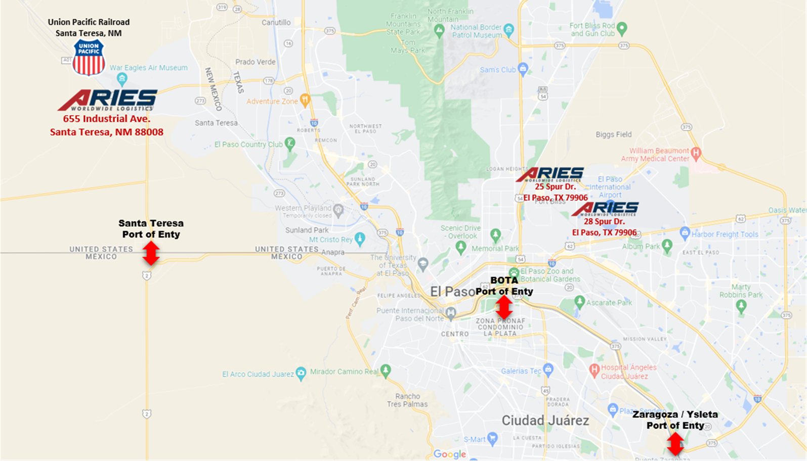 Aries Santa Teresa Warehouse Map location and proximity to border