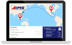 An illustration of AIMS tracking a freight shipment across the Pacific Ocean. An illustration of AIMS tracking a freight shipment across the Pacific Ocean.