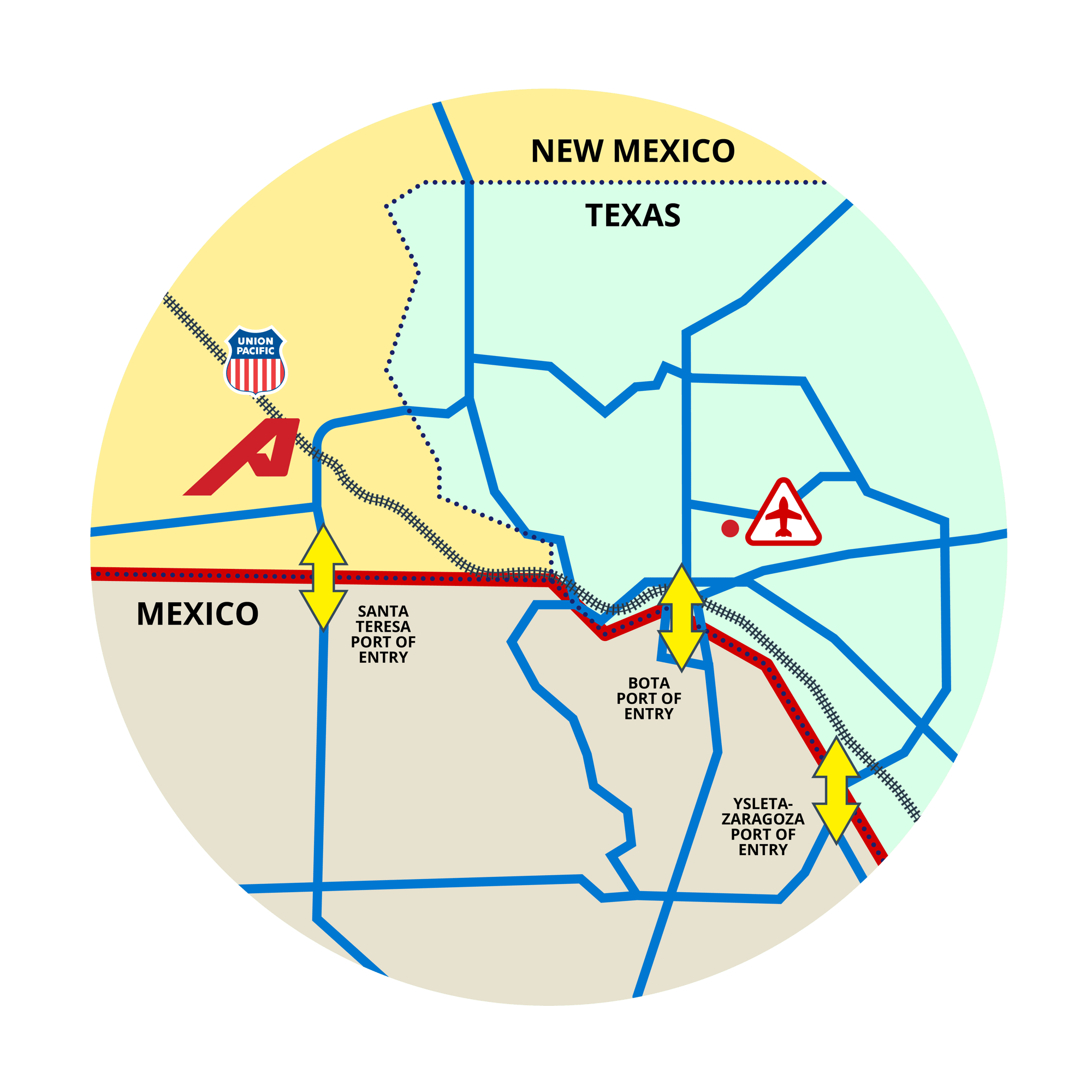 Santa Teresa New Mexico FTZ Warehouse Map showing vacinity to UP Rail and crossborder entrances