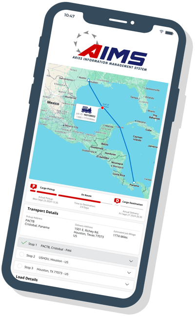 AIMS Platform on an mobile device showing shipment visibility